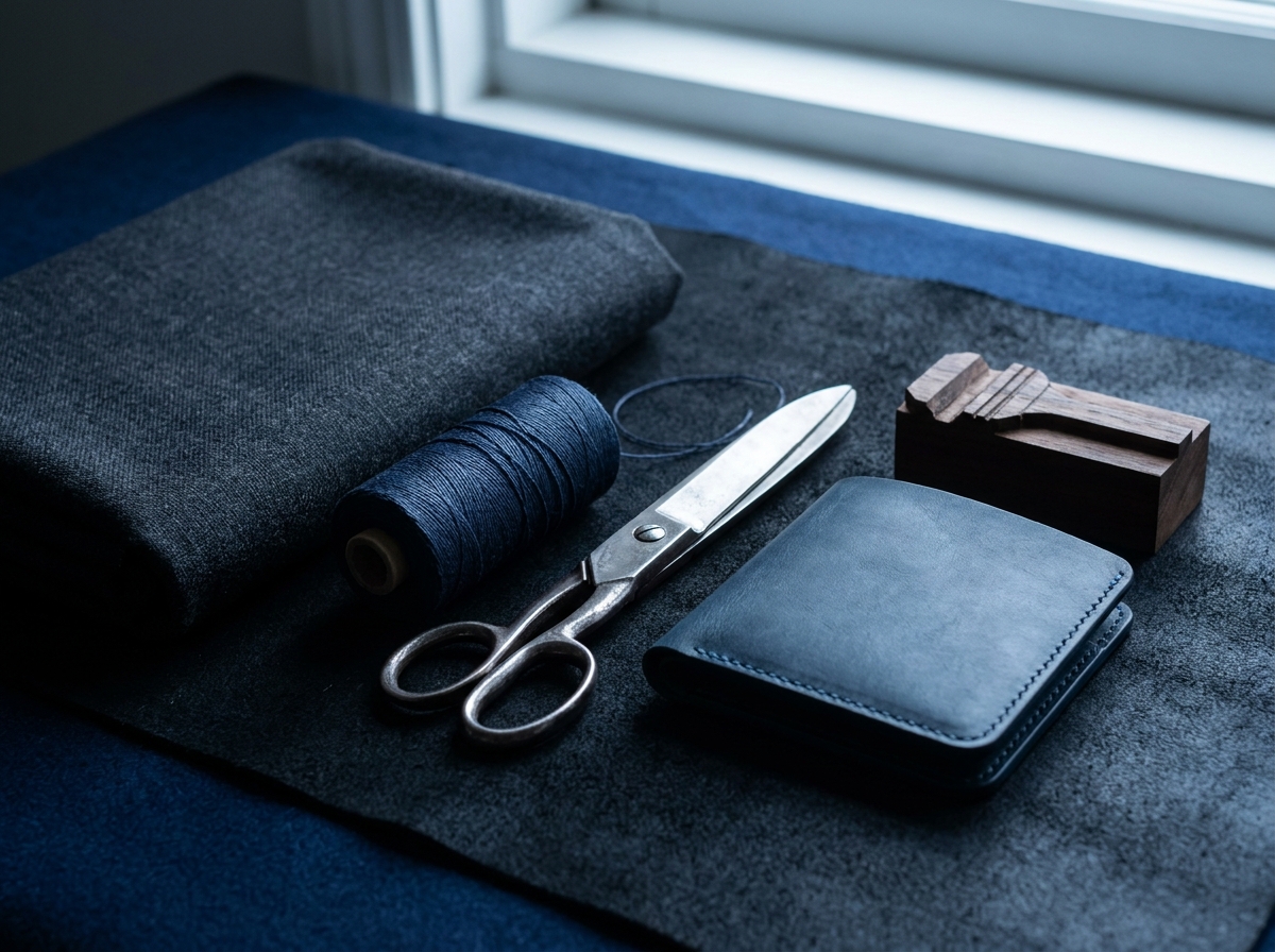 Italian craftsmanship tools, dark fabric, thread, shears, and leather detail