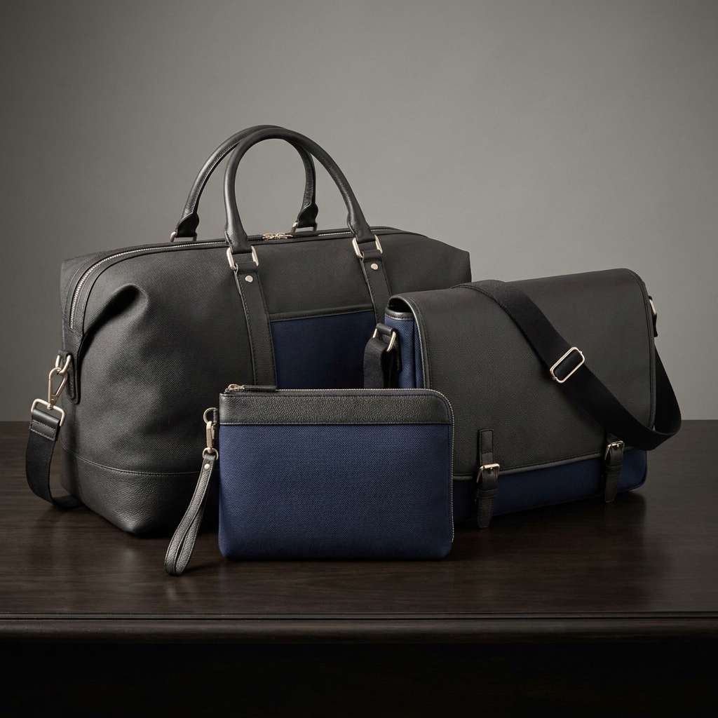 Men's charcoal and navy leather bags arranged on a dark table