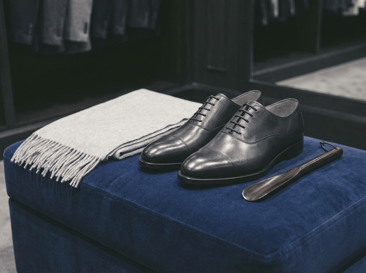 Black leather oxfords on a blue ottoman with scarf and shoehorn