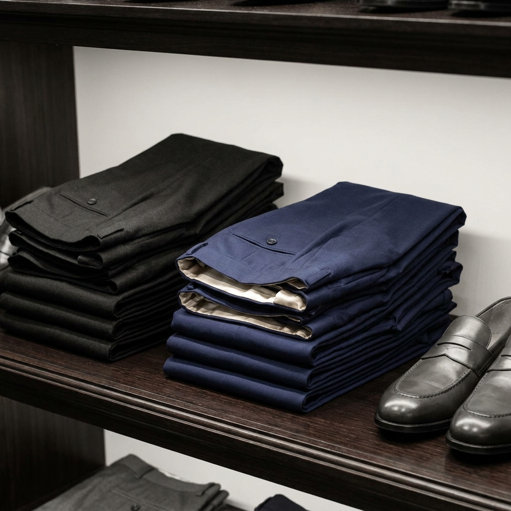 Folded men's trousers in charcoal and navy with dress shoes