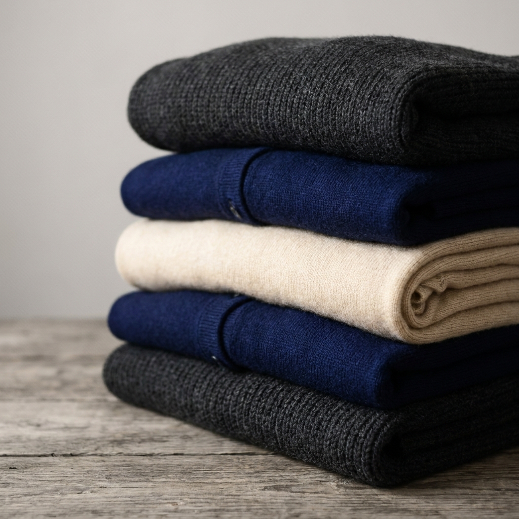 Folded men's knitwear in charcoal, navy, cream, and taupe