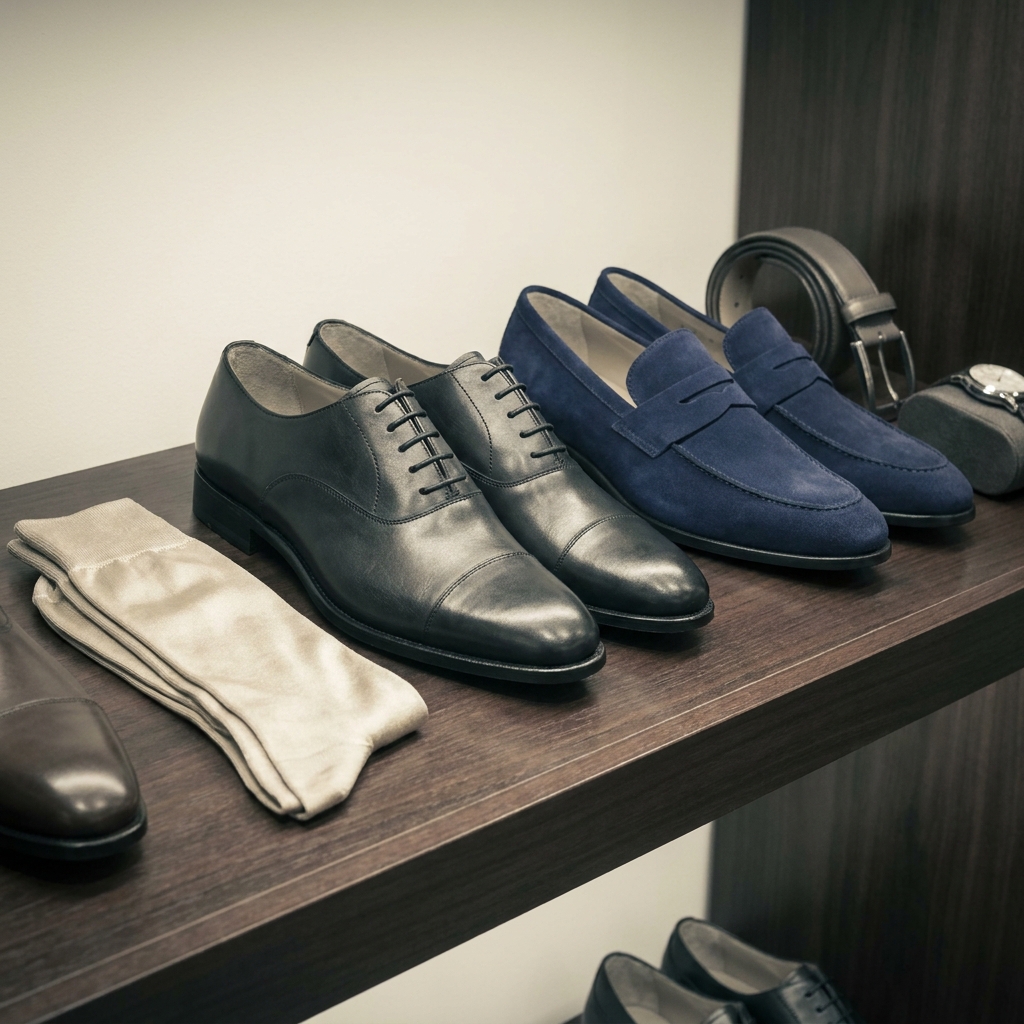 Men's black and navy dress shoes arranged on a closet shelf