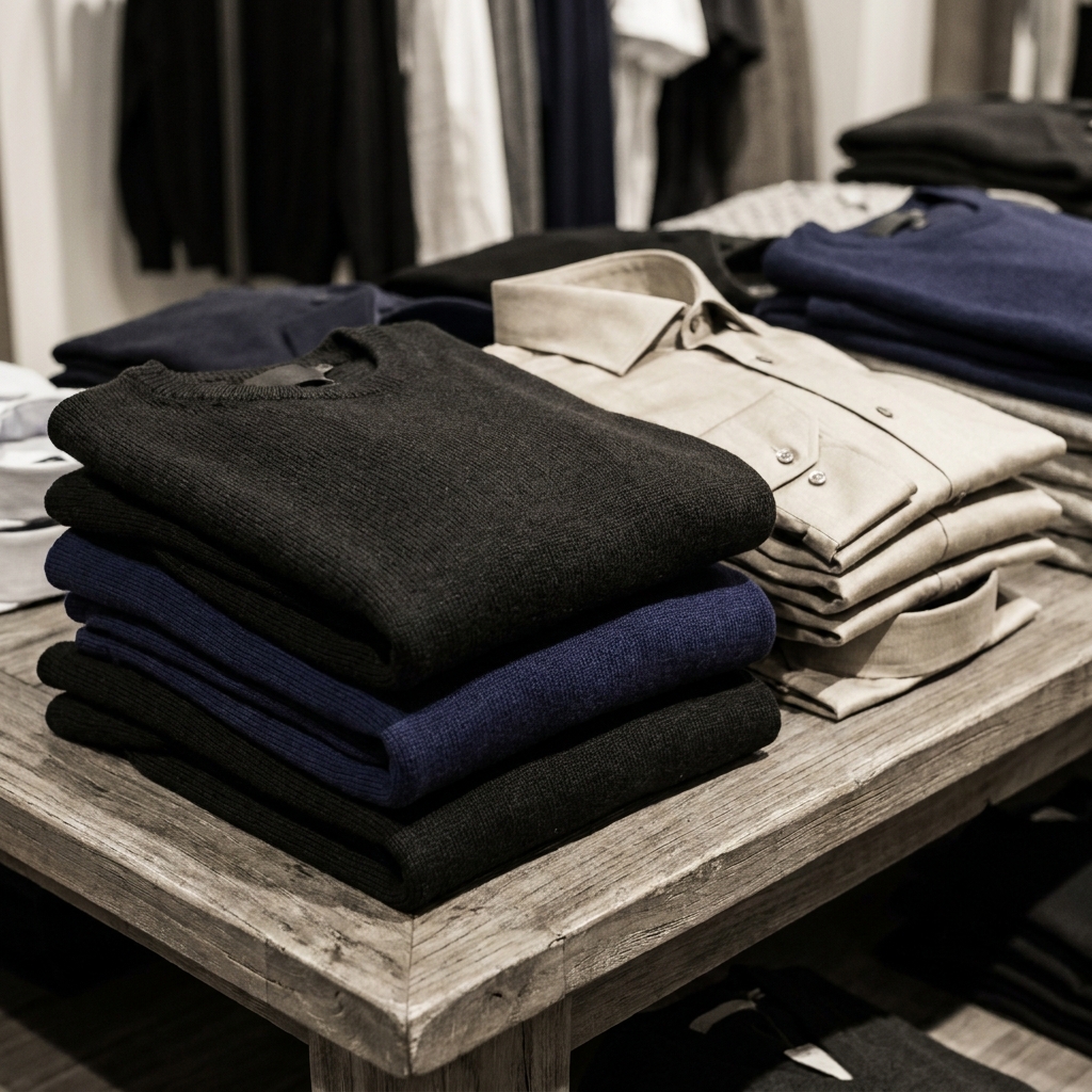Folded men's tops and shirts in a refined closet display