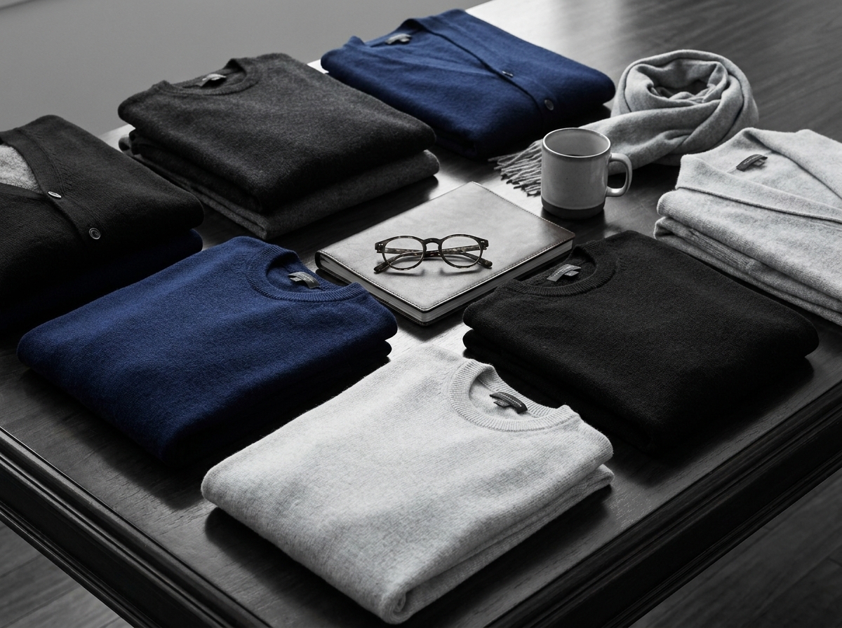 Men's knitwear collection in charcoal, navy, black, and grey