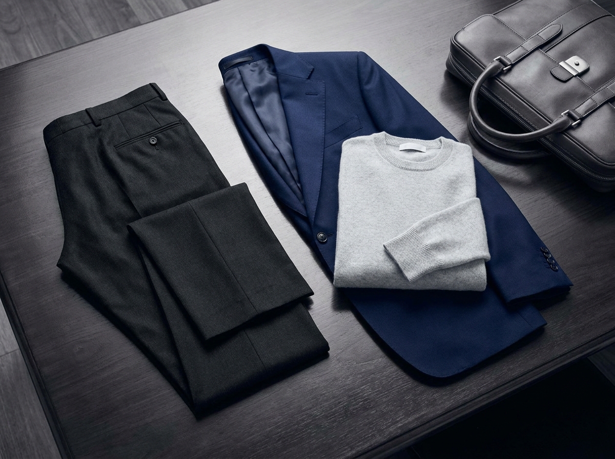 Navy suit jacket, charcoal trousers, grey sweater, and leather briefcase