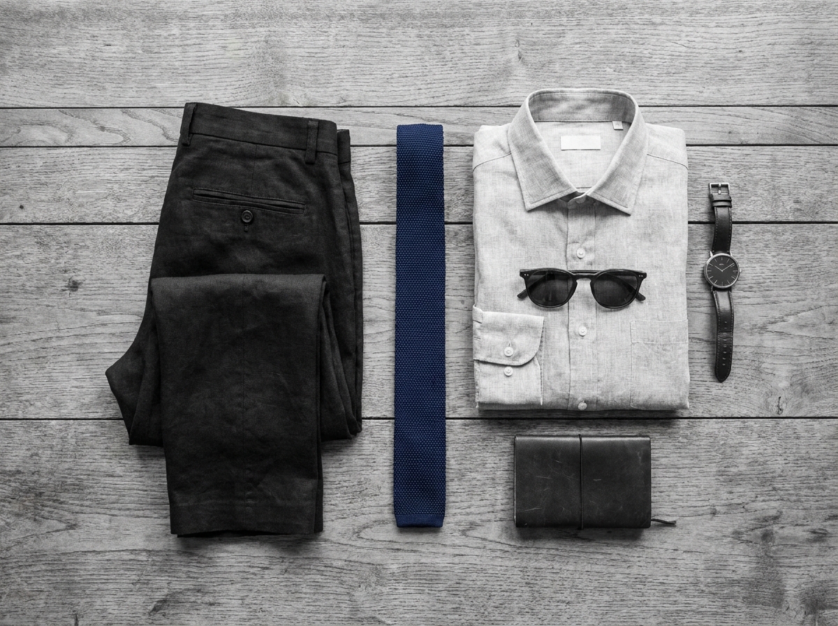 Riviera menswear flat lay with trousers, shirt, tie, sunglasses, watch, and leather wallet