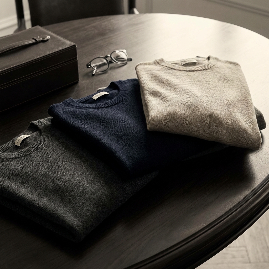 Folded men's sweaters in charcoal, navy, black, and light taupe